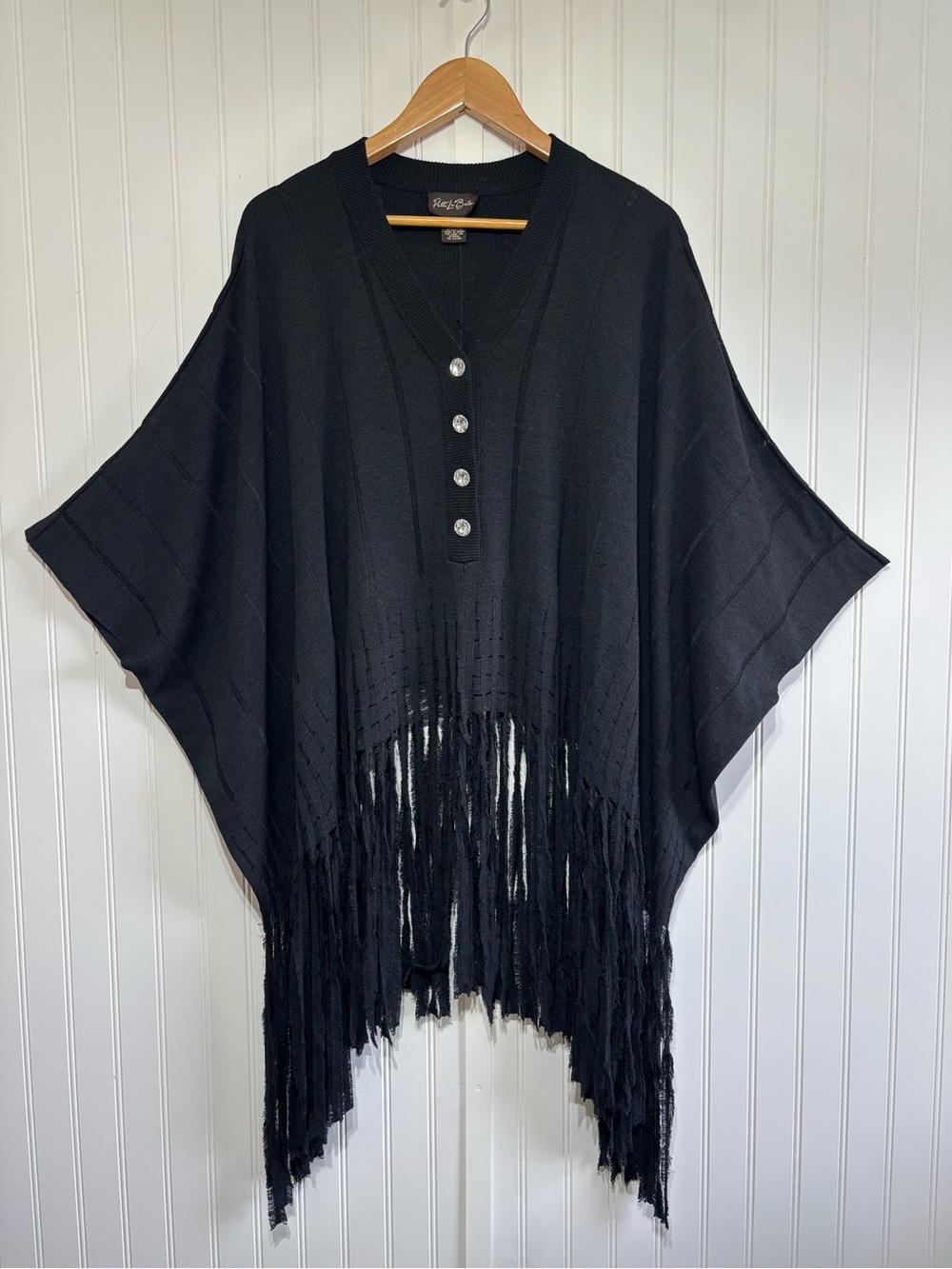 Patti La Belle Black Silk Rayon Fringe Boho Poncho Top One Size Bling Western